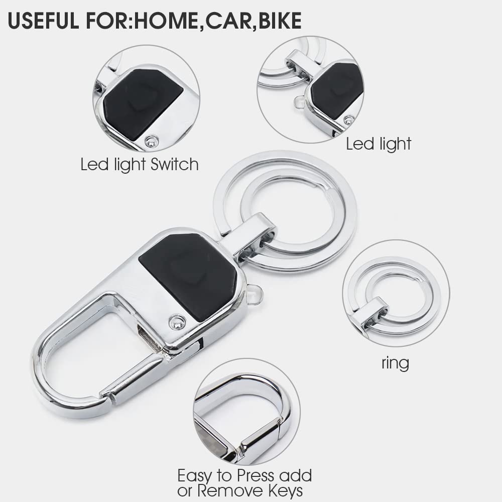 GUSTAVE Key Ring with LED, Ultra Bright Metal LED Keychain, Double Key Ring Spring Buckle Keychain with Gift Box for Home Key Ring for Bike, Silver GUSTAVE Key Ring with LED, Ultra Bright Metal LED Keychain, Double Key Ring Spring Buckle Keychain with Gift Box for Home Key Ring for Bike, Silver